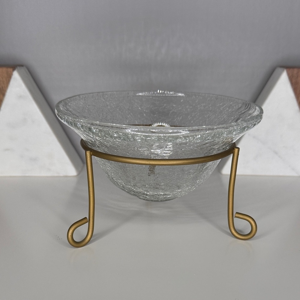 Vintage Crackled Glass Insert Shell 3 Foot Brass Mount 6.5" Candle Holder
